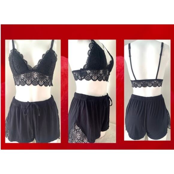 YOUMITA S black lace short bralette lounge sleep pajama set NWT B110 - Picture 1 of 3